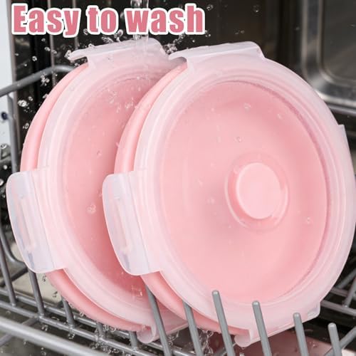 2pcs Collapsible Dog Bowls, Silicone Food & Water Travel Bowl with Lid Portable Expandable Pet Feeding & Drinking Cup/Saucer for Walking, Kennels, and Camping 350ml (Pink)