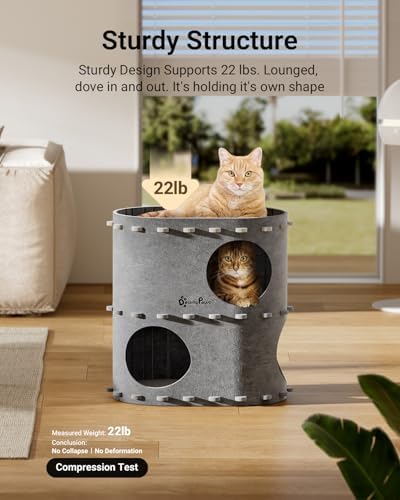 DownyPaws Cat House for Indoor Cats, 2-Storey Cat Bed Cave, Light Gray