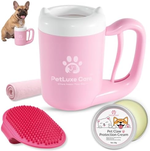 Dog Paw Cleaner, Paw Washer Cup with Soft Silicone Bristles, Portable Dog Foot Washer, 4-in-1 Paw Cleaner Kit with Paw Balm, Microfiber Towel & Grooming Brush (Pink Small)