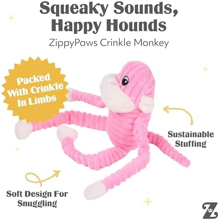 ZippyPaws Crinkle Monkey Squeaky Plush Pet Toy for All Breeds - Small, Pink