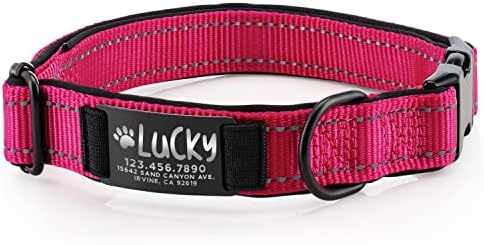 Improved - Personalized Dog Collars w/Engraved Metal ID Nameplate for Name & 3 Lines Text - Custom 20 Icons, 4 Adjustable Sizes, 10 Fonts, Dog Collar for Large Dogs, Dog ID Tag Personalized, Hot Pink