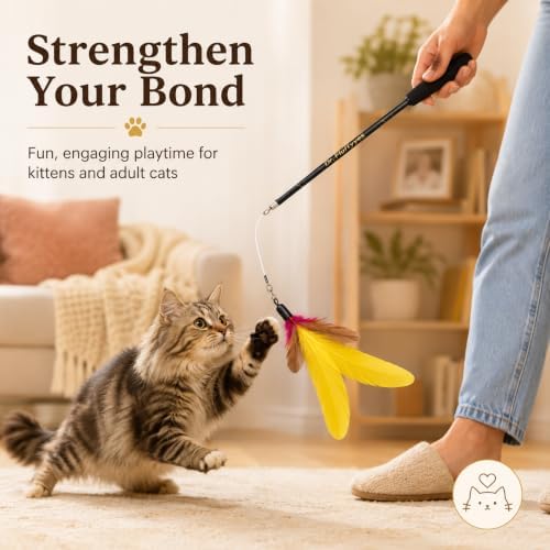 Cat Wand Toy with 5 Feather Attachments – Interactive Cat Teaser Wand & Cat Fishing Pole Toy for Indoor Cats, Feather Cat Toy for Exercise, Chase & Play, Fun Kitten Toys for Bored Cats