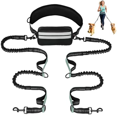 Hand Free Dog Leash with Pouch, Dog Walking Belt Retractable Leash for 2 Dogs with Dual Handles for Running Walking Jogging Pet Belt