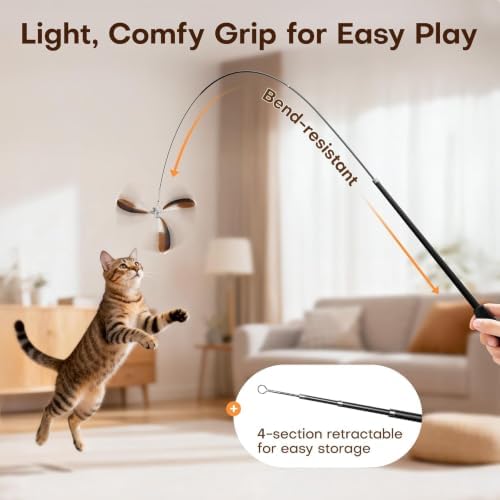 Potaroma Cat Wand Toy, Retractable Carbon Fiber Feather Teaser with Bells