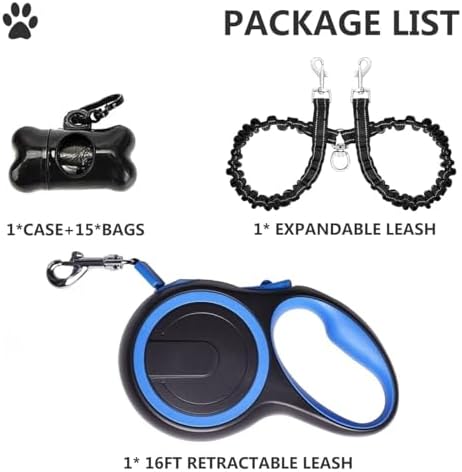 Dual Retractable Dog Leash for 2 Dogs (Blue) - 16ft Heavy Duty Leash with One Button Lock & 360° Tangle-Free Design, for Medium/Large Dogs up to 110lbs/50kg