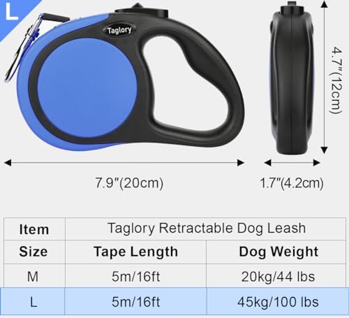Taglory Retractable Dog Leash, One-Handed Brake, 16ft, Up to 44 lbs, Blue