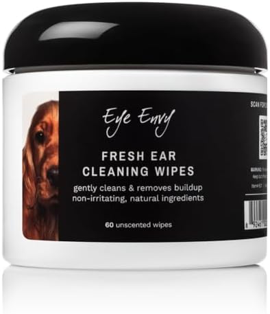 Eye Envy Fresh Ear Cleaning Wipes for Dogs. Made in the USA from Natural Ingredients. Unscented. Safe and Non-Irritating. Removes Dirt, Debris, and Wax buildup. 60 Count.