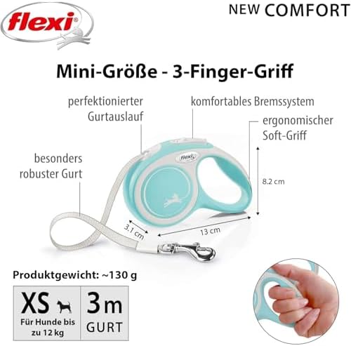 Flexi New Comfort Tape Grey & Light Blue Extra Small 3m Retractable Dog Leash/Lead for Dogs up to 12kg/26lbs