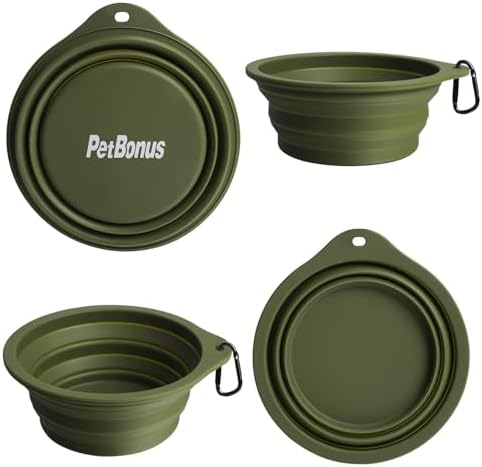 PetBonus 2-Pack Large Silicone Collapsible Dog Bowls, 34oz/1000ml BPA Free Portable Foldable Travel Bowl for Pet Cat, Food Water Feeding Dish for Camping with 2 Carabiners (Army Green, Navy Blue)