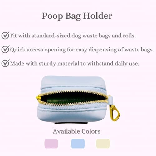 Dog Poop Bag Holder with Leash attachment, Waste litter bag container, Lead accessories, Metal hook hands free holder, Zipper pouch stylish gold hardware (Blue)