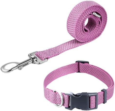 Reflective Dog Collar and Leash Set, Nylon Dog Leash with Heavy-Duty Steel D-Ring, Adjustable with Quick Release Buckle for Medium Dogs, Purple M