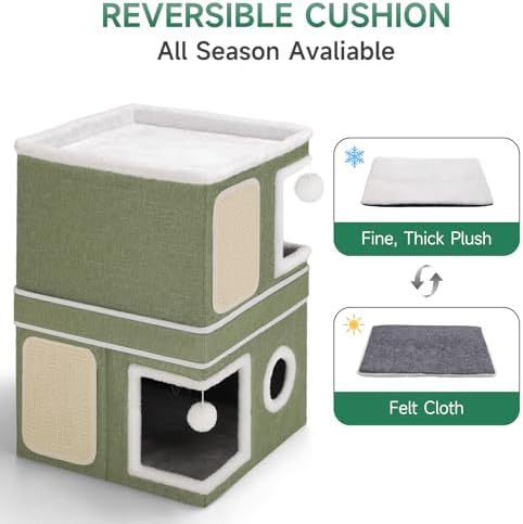 Shikha 2 Story Cat House beds for Indoor Cats with Scratch Pads Green