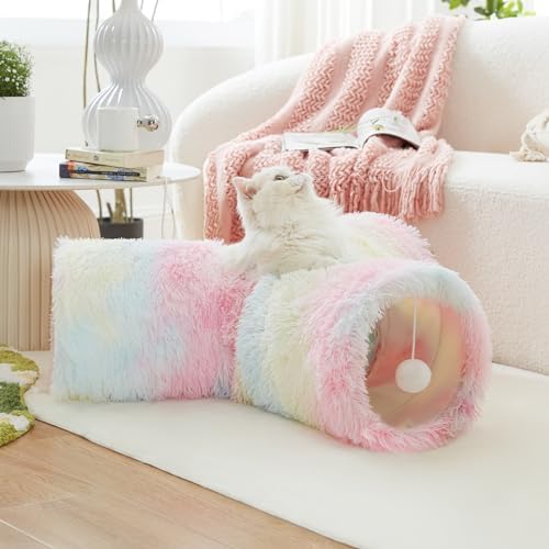 Tempcore Plush Pet Cat Tunnel Tube Cat Toys 3 Way Collapsible, Tunnels for Indoor Cats，Kitty Tunnel Bored Pet Toys Peek Hole Ball Puppy, Kitty, Kitten, Rabbit Rainbow