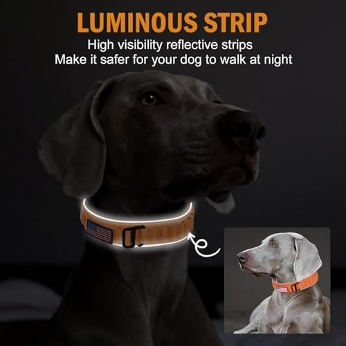 HYDEME Tactical Dog Collar, Alpine Loop Adjustable Military Training Nylon Dog Collars with Handle and Reflective for Small Medium Large Dogs, with Airtags Protective Case & Patches.(M,Orange)