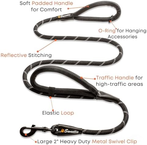Sweetie Rope Dog Lead Strong Leash Black with 2 Comfortable Padded Handles, 151 g