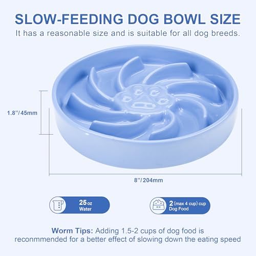 Ceramic Slow Feeder Dog Bowl, 3 Cup Dog Food or 25oz Water, Slow Eating Bowl for Middle Breed, Maze Puzzle Feeder for Fast Eaters, Anti-Choking Stop Bloat, Non-Slip BPA Free (Blue)