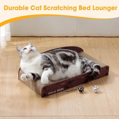 Poils Bebe 26 Inch Sofa Cat Scratcher, Small Cat Scratcher Cardboard with Bell Balls, Durable Couch Lounger for Indoor Cats, Cat Scratch Furniture Protector with Catnip, Cat Toys