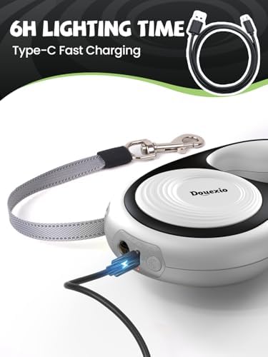 Retractable Dog Leash with LED Flashlight, Douexio Upgrade 3 in 1 Dog Leash Retractable for Small Medium Dogs Up to 66 lbs, 16ft, Anti-Slip Handle,One-Handed Brake (White)