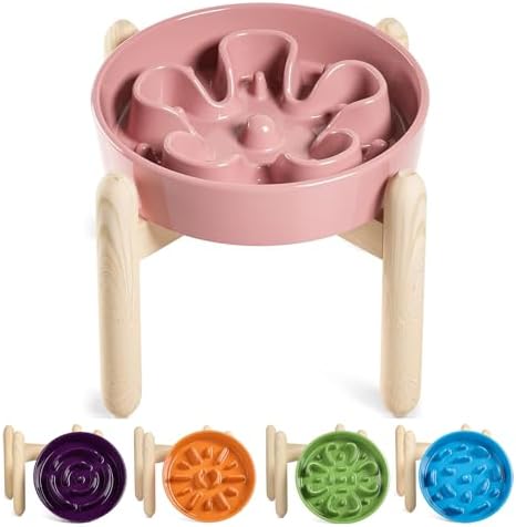 LE TAUCI Ceramic Slow Feed Dog Bowls, Elevated for Small and Medium Breed Dogs, Anti-Gulping Pet Feeding Dishes, Flower Pink, 1.5 Cups