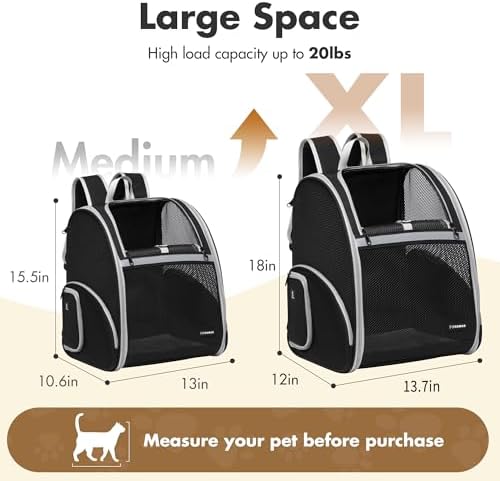 Pet Backpack Carrier, Large Cat Carrier Backpack Up to 20 Lbs with Breathable Mesh, for Medium Large Cats or Small Dogs, Travel Hiking Camping Backpack (Black-XL)