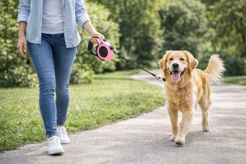 Retractable Dog Leash, Blue, 16.5 Ft, Polyester Flat Traction Belt, 360 Rotational Tangle-Free Hook, One-Button Brake and Lock, for Small and Medium Dogs up to 33 lbs
