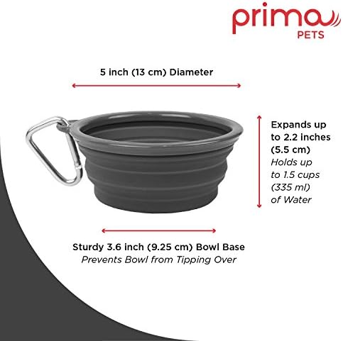 Prima Pet Collapsible Silicone Water Travel Bowl with Clip for Dog and Cat, Portable and Durable Pop-up Feeder for Convenient On-the-go Feeding - Size: Small (1.5 Cups) Grey