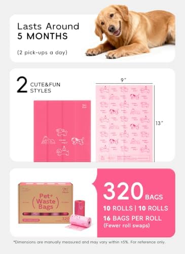 Dog Poop Bags Refill Rolls, 320 Bags, Pink