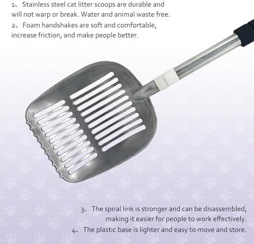 PINVNBY Cat Litter Scooper, Long Handle Litter Sifter Scoop with Litter Scoop Holder Stainless Steel Kitten Scooper Deep Kitty Litter Scooper with Box Metal Detachable Sifting Litter Shovel Set