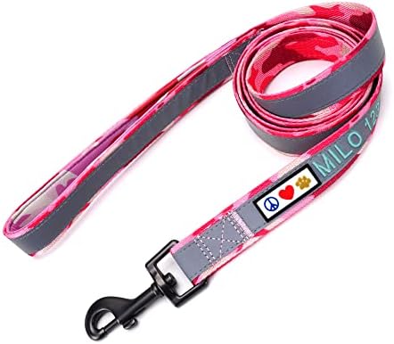 Pawtitas Personalized Camo Pink Dog Leash 6 ft Custom ID Lead for Dogs & Puppies Reflective Comfortable Padded Handle Embroidered Name & Phone Number