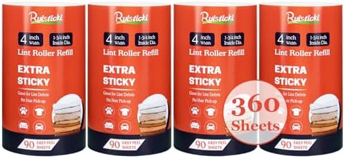 4 inch Lint Roller Refills Only for Scotch Brite, Everyday Clean Lint Roller Refills 4 Pack, Pet Hair Pickup Extra Sticky 90 Sheets per Refill, 360 Adhesive Sheets Total (1 3/4 inch Inside Diameter)