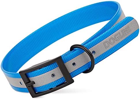 Dogline Biothane Translucent Reflective Waterproof Dog Collar Strong Coated Nylon Webbing with Black Hardware Odor- Proof for Easy Care Clean Fits Small Medium or Large Dogs - Blue 1" W x 22"-25" L
