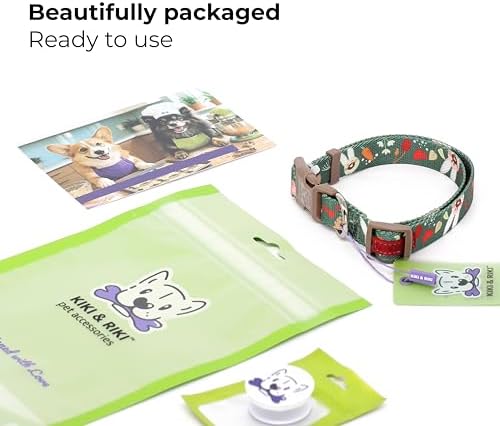 KIKI & RIKI Soft Nylon Dog Collar for Small Dogs, Adjustable, Quick-Release Buckle, Size S (Neck 9.4-14.6"), Green Artist-Designed Print
