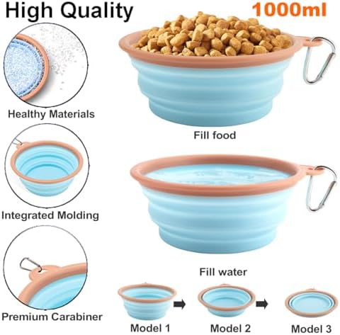Collapsible Dog Bowls for Travel Portable Pet Food Bowl Compact Silicone Dog Water Dish with Carabiner Clip, BPA Free, Perfect for Large/Medium/Small Dog/Cat/Pets, 2 Pack, Sky Blue, 1000ML