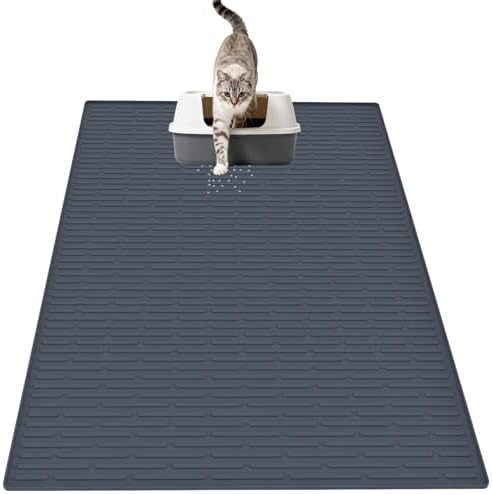 XXL Silicone Cat Litter Mat, 40"x30"(100cmx75cm) Extra Litter Box Mat for Floors, Non-Slip Litter Trapping Mat to Prevent Tracking, Easy to Clean Kitty Litter Catcher Mat, Durable, Gray Blue