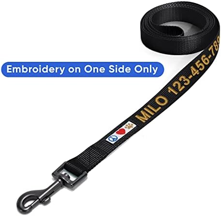 Pawtitas Personalized 6 ft Black Dog Leash XXS/Cat Custom Name and Phone Embroidery Strong Nylon Leash for Small Breeds