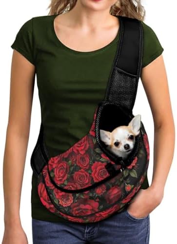 COEQINE Red Floral Dog Carrier Sling Mesh Bag Hands-Free Pet Sling Pouch