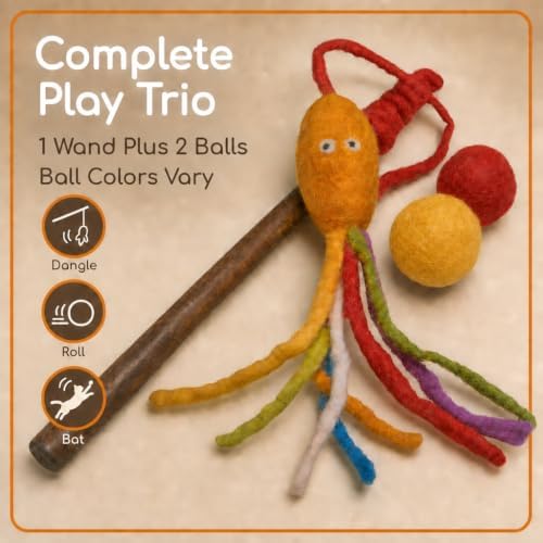 Wool Cat Toy - Felted Wool Rainbow Squid Fish Wand Toy Plus 2 Felt Ball Toys for Indoor Cats and Kittens (Cat Squid Toy)