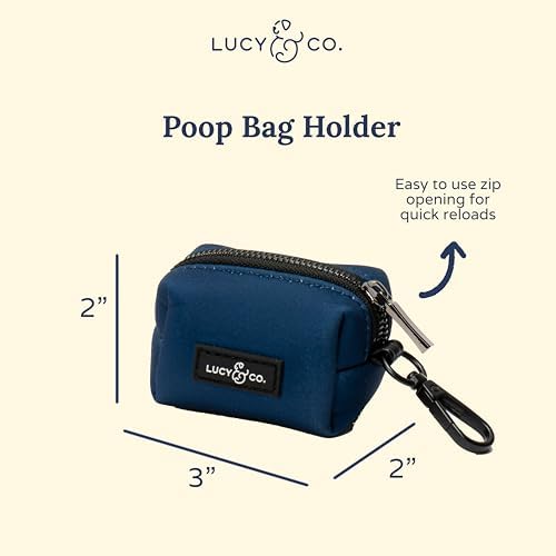 Lucy & Co. Navy Dog Poop Bag Holder and Dispenser, Clips to Leash, Water-Repellent Neoprene, Includes Refill Roll