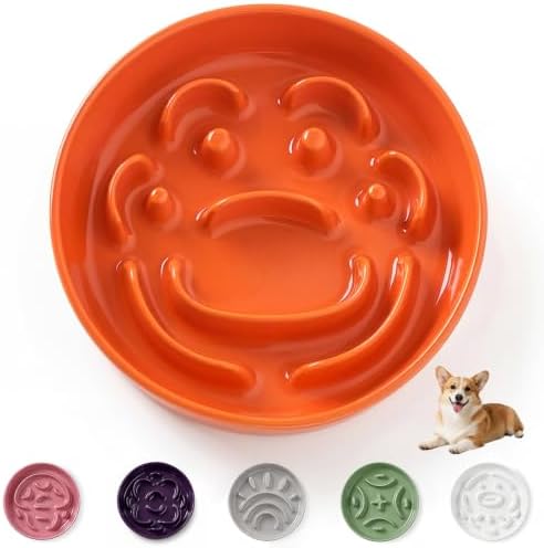 Ceramic Slow Feeder Dog Bowl, 1.8 Cups Anti -Slip Slow Feeding Bowl to Slow Down Eating, 8.2 Inch Dog Food Dish for Medium to Large Breeds, Orange
