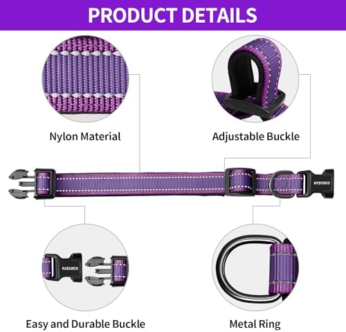 Kazazoo Small Dog Collar,Reflective Puppy Collar with Soft Padding Dog Collar No Pull,Lightweight, Nylon Collar for Puppies, Chihuahua, Yorkie & Teacup Dog 3-10 Lbs Purple-XS