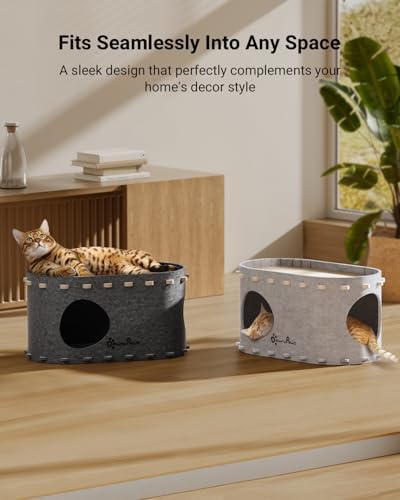 DownyPaws Cat House for Indoor Cats, Cube Castle Cat Bed Cave, Sesame Gray