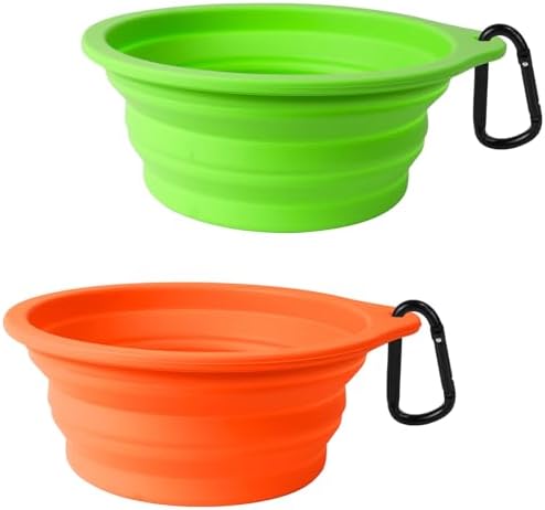 PetBonus 2-Pack Large Silicone Collapsible Dog Bowls, 34oz/1000ml BPA Free Portable Foldable Travel Bowl for Pet Cat, Food Water Feeding Dish for Camping with 2 Carabiners (Green, Orange)