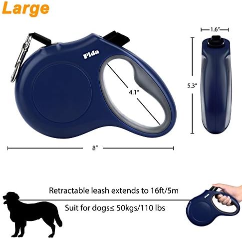 Fida Retractable Dog Leash with Dispenser and Poop Bags,16 ft, Navy Blue