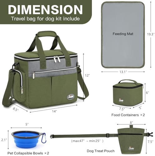 Dog Travel Bag for Pet Kit for Supplies with 2 Food Storage Containers 2 Collapsible Bowls 1 Feeding Mat 1 Dog Treat Pouch 7-Piece Set Perfect Road Trips Camping Weekend (Olive Green)