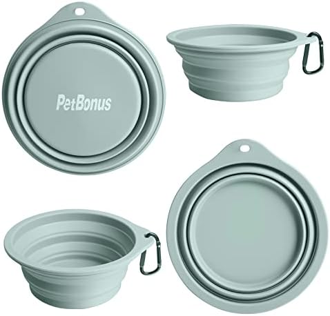 PetBonus 2-Pack Silicone Collapsible Dog Bowls, BPA Free Dishwasher Safe, Portable Foldable Expandable Travel Bowl, Food Water Feeding Cup Dish for Dogs Cats with 2 Carabiners (Turquoise, Tan)