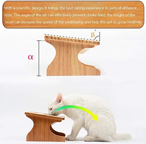 Cat Bowls Pet Dining Table with Raised Slope Wooden Stand Elevated Pet Bowls with Oblique Stand for More Comfortable Eating for Cats, Dogs, Kitten and Puppy (Single Bowl, Ceramics)