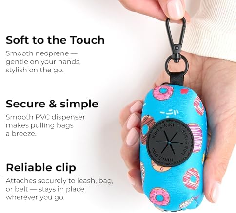 KIKI & RIKI Premium Dog Poop Bag Holder, Waste Dispenser with Leash Clip, Artist-Designed Print (Designed in Georgia), Includes 1 Starter Roll of Bags, Fits Standard Rolls, Light Blue (Sweetie Donut)