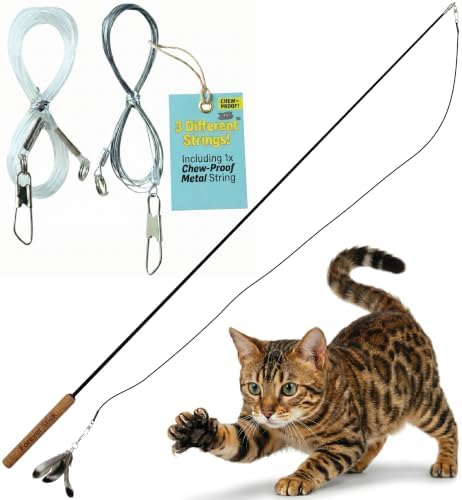 Forever Stick and 3 Strings including Chew Proof Metal Wire - The Unbreakable Cat Wand Toy, Durable Cat Toy Wand, Extra Long Cat String Toy, Cat Fishing Pole Toy for Bored Indoor Adult Cats, Stick Toy