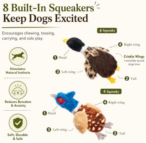 Duck Dog Toys, 2-Pack Stuffing-Free Squeaky Plush Bird Toys with 8 Total Squeakers, Hollow Body No-Stuffing Design for Small Medium Dogs