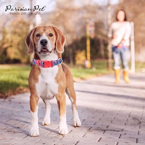 Parisian Pet Floral Dog Collar - Adjustable Hibiscus Pink Pet Collar with Secure Buckle and Metal D-Ring - Comfortable Designer Puppy Collars - Durable Tropical Nylon Dog Collars for Small Dogs